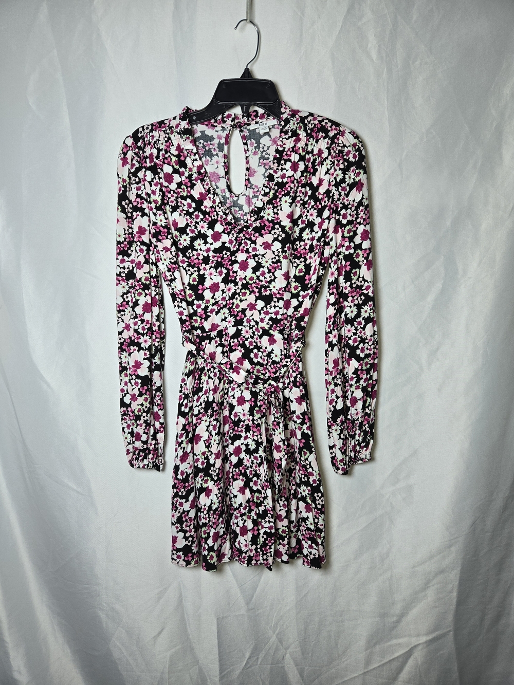 Floral Tie-Waist Long-Sleeve Dress - Pink & Black
